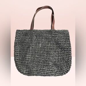 Woven Tote Bag with Faux Leather Handles - Black